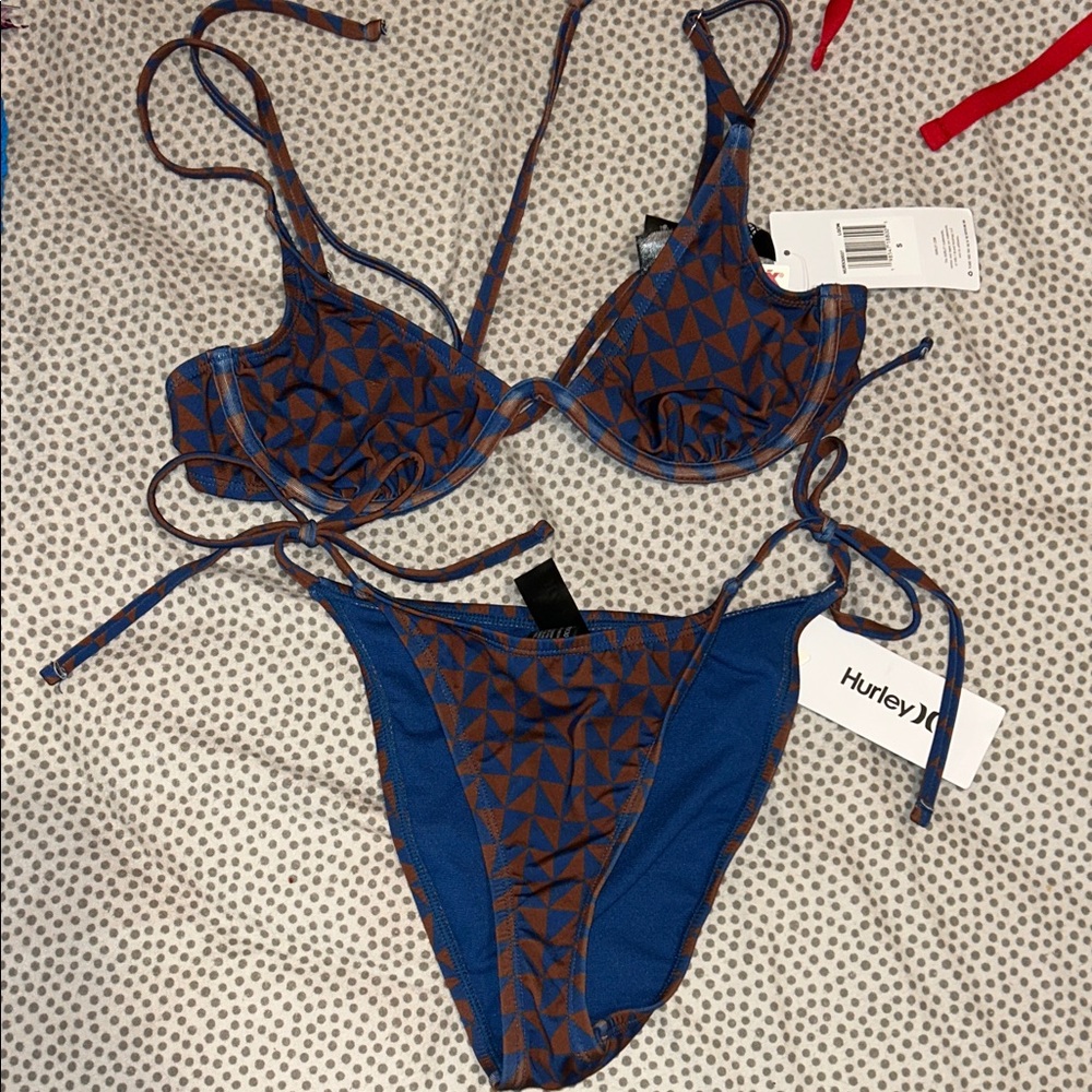 Hurley Blue & Brown Triangle Bikini Set - size small